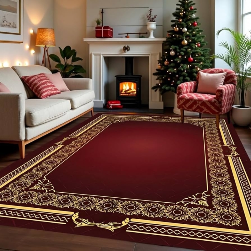 Distressed Area Rug Bold Burgundy Border Large Scale