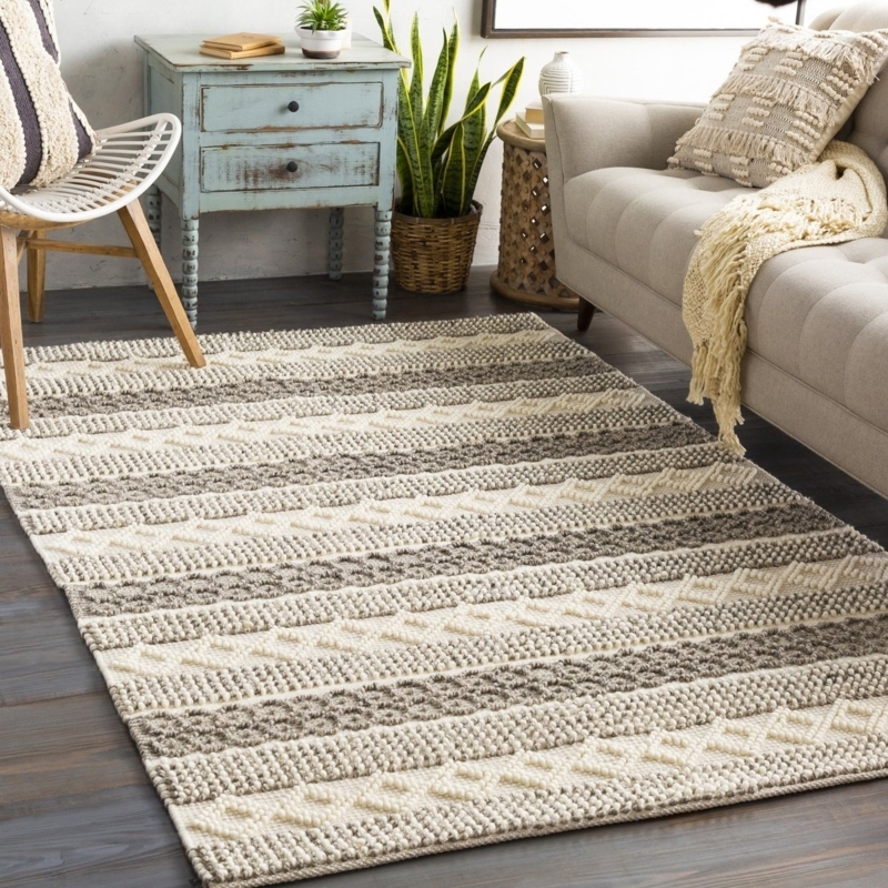 Distressed Area Rug for Lounge with Faded Motif and Low Pile