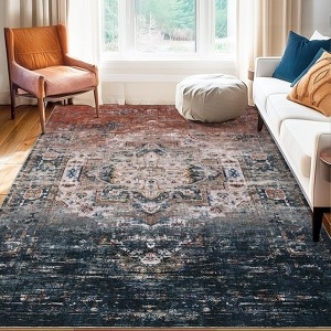 Distressed Area Rug Teal Beige Medallion Low Pile Vintage