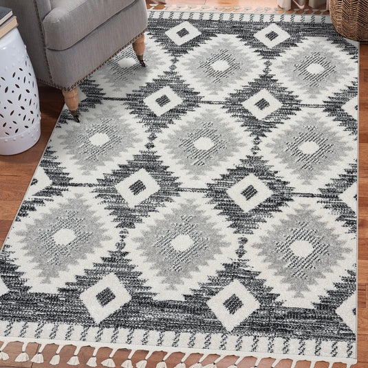 Distressed Charcoal Area Rug Cream Geometric Trellis Modern Boho
