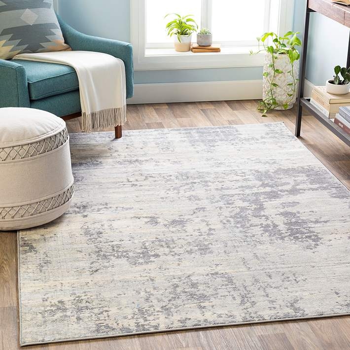 Distressed Floral Area Rug, Faded Border Texture. Low Pile.