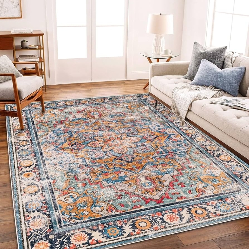Distressed Medallion Area Rug, Washable Neutral Living Room Rug Ideas