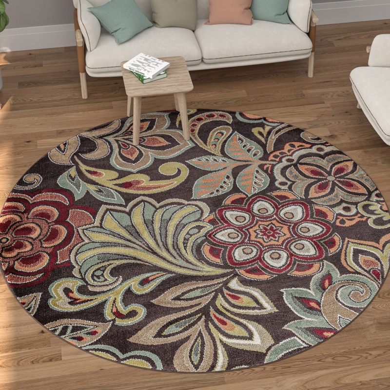 Distressed Navy Botanical Circular Area Rug, Boho Chic