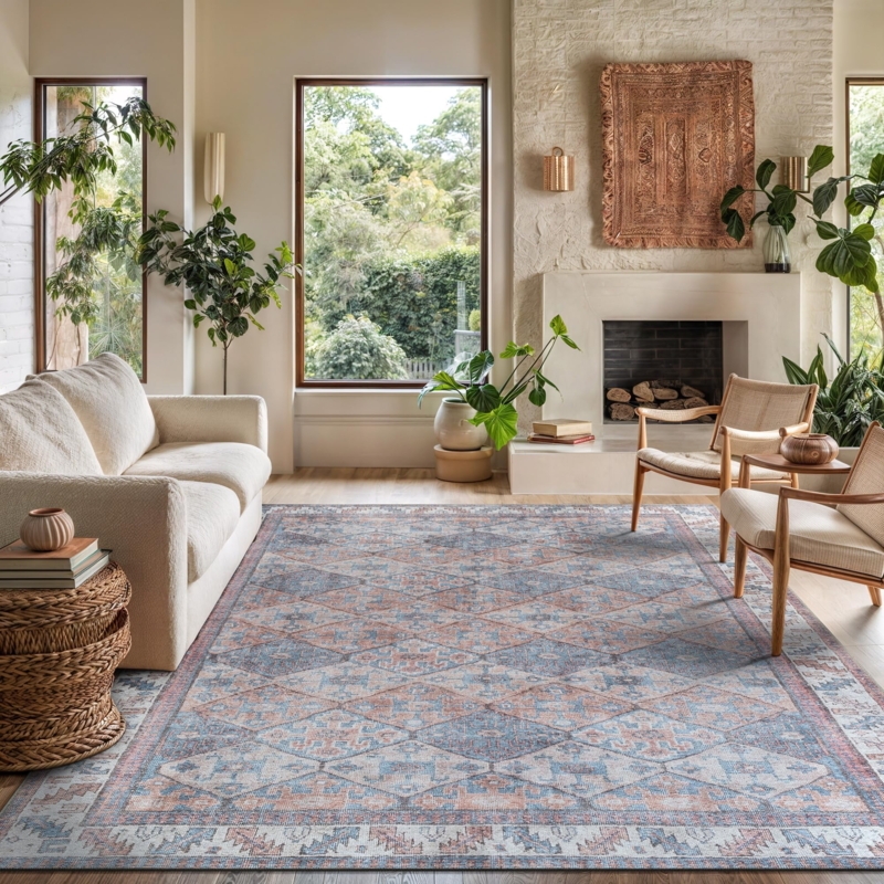 Distressed Tribal Area Rug, Boho Chic Peach and Blue Tribal Rug