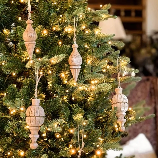 Distressed Wood Finial Ornaments with White Feathered Finish Set