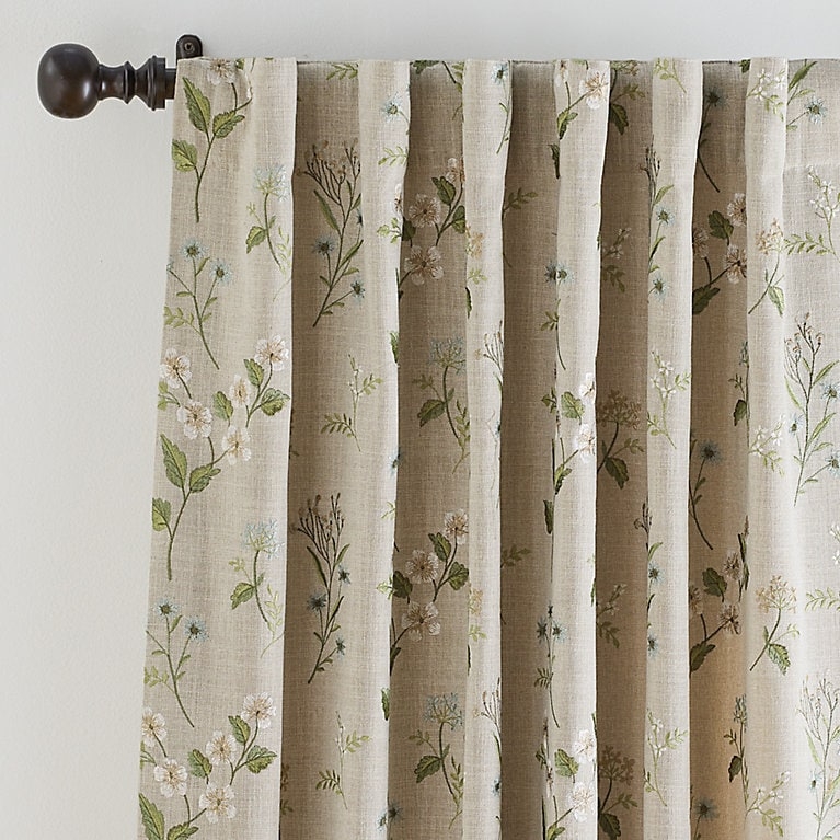 Drapery Panel Ivory Navy Floral Border Curtains Linen-like