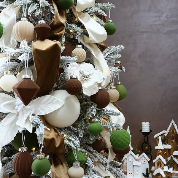Earthy Tonal Christmas Ornaments Flocked Velvet Set