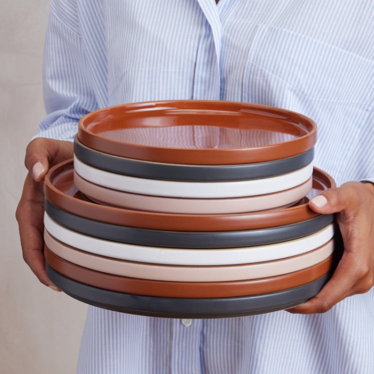 Earthy Tone Dining Set Plates, Matte Tri-Tone Stackable Ceramic.