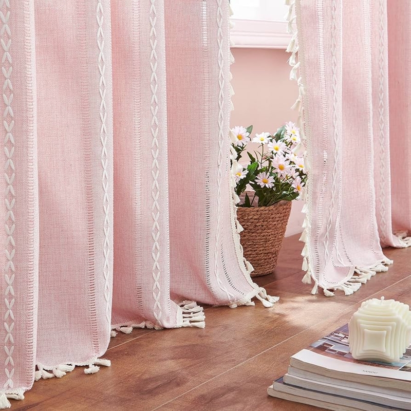 Embroidered Curtains with Tassel Trim & Geometric Pattern, Boho Pink Nursery Curtains