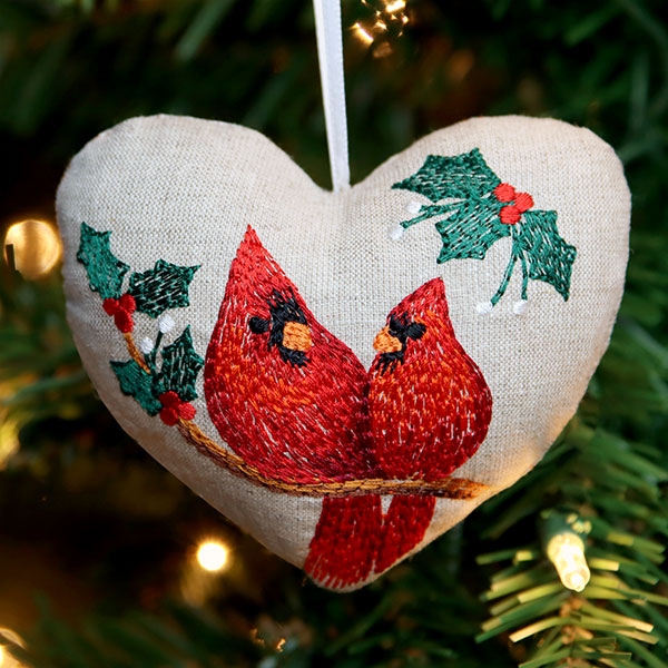 Embroidered Holiday Tree Decor with Scalloped Red Border, Cardinal Motif