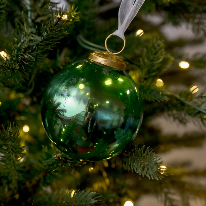 Emerald Green Glass Ornament with Unique Dappled Texture and Silver Cap