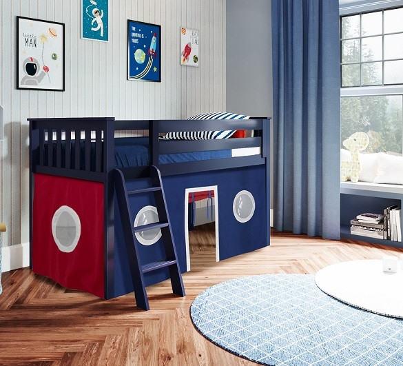 Energetic Loft Bed with Slide Attachment, Under Bed Tent, Blue Wood