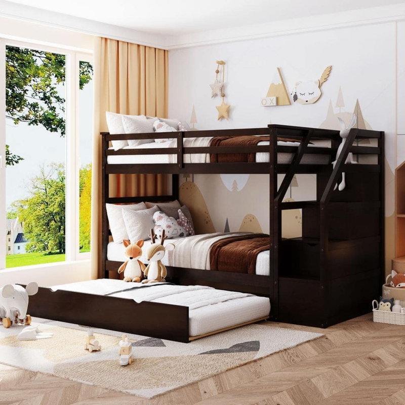 Espresso Bunk Bed with Trundle Storage Stairs