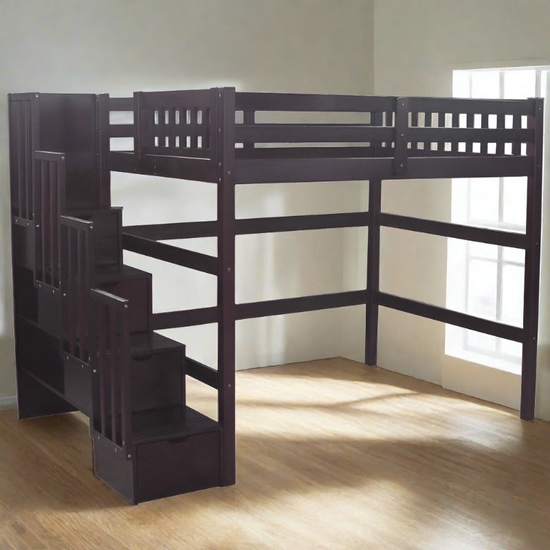 Espresso Full Size Loft Bed with Stairs and Integrated Under-Bed Desk
