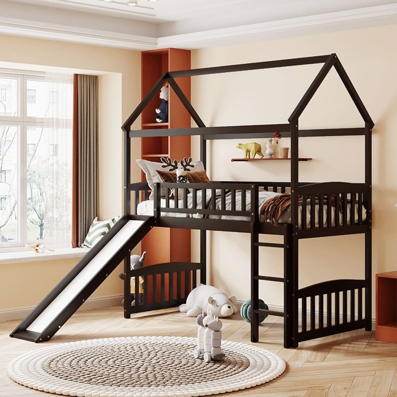 Espresso House Loft Bed with Slide, Ladder, and Slatted Guardrails
