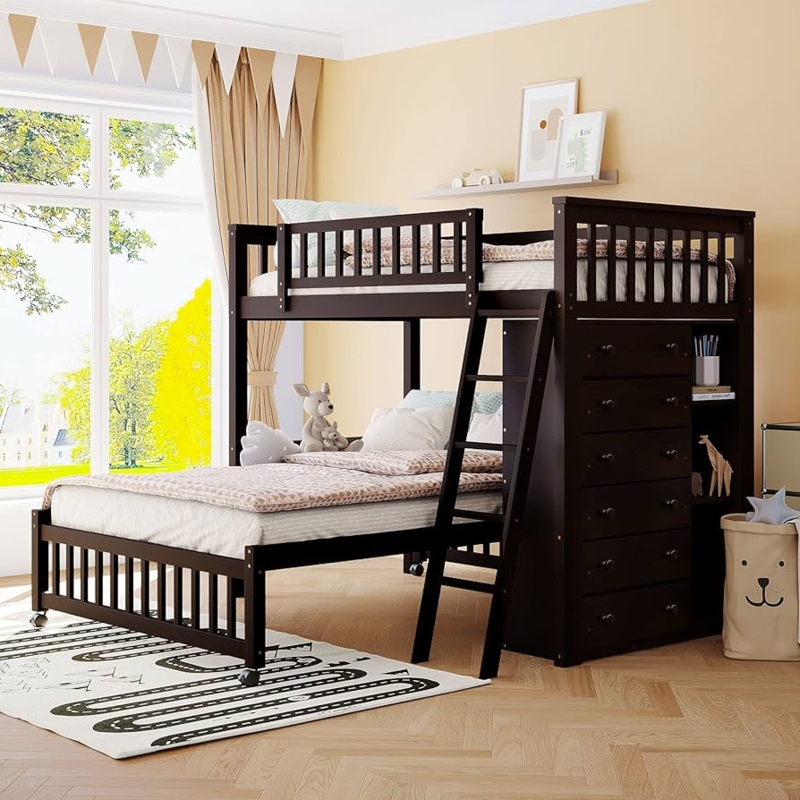 Espresso L-Shaped Bunk Bed with Built-In Shelving and Drawers