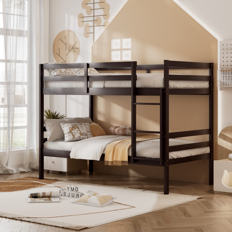 Espresso Twin Bunk Bed with Integrated Ladder and Slatted Rails