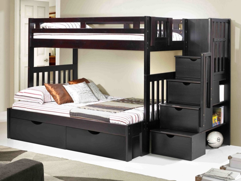 Espresso Twin Over Full Bunk Bed with Staircase Storage Rustic Style