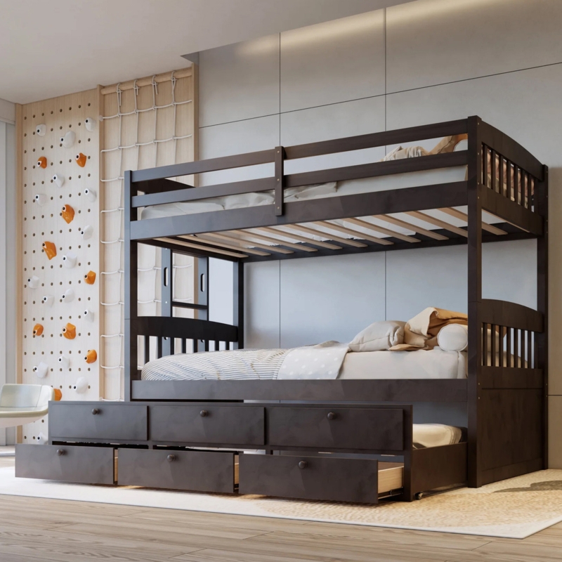 Espresso Wood Bunk Bed Integrated Storage Drawers Mission Style Twin