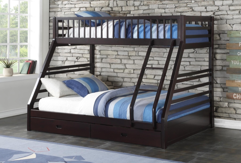 Espresso Wood Bunk Bed Twin Over Queen with Storage Staircase