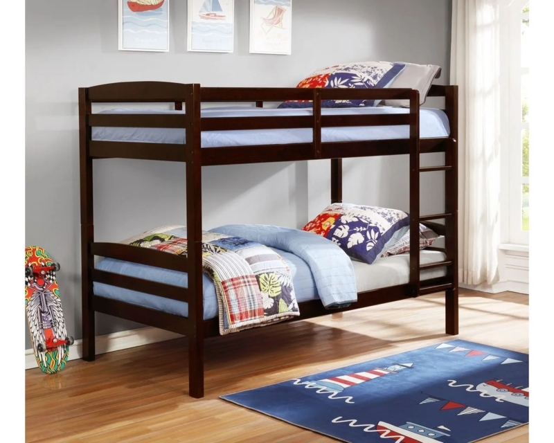 Espresso Wood Bunk Bed with Slatted Headboards and Ladder