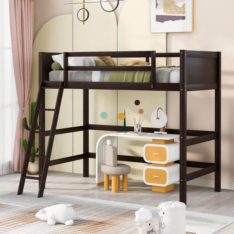 Espresso Wood Loft Bed with Sloping Ladder and Guardrails