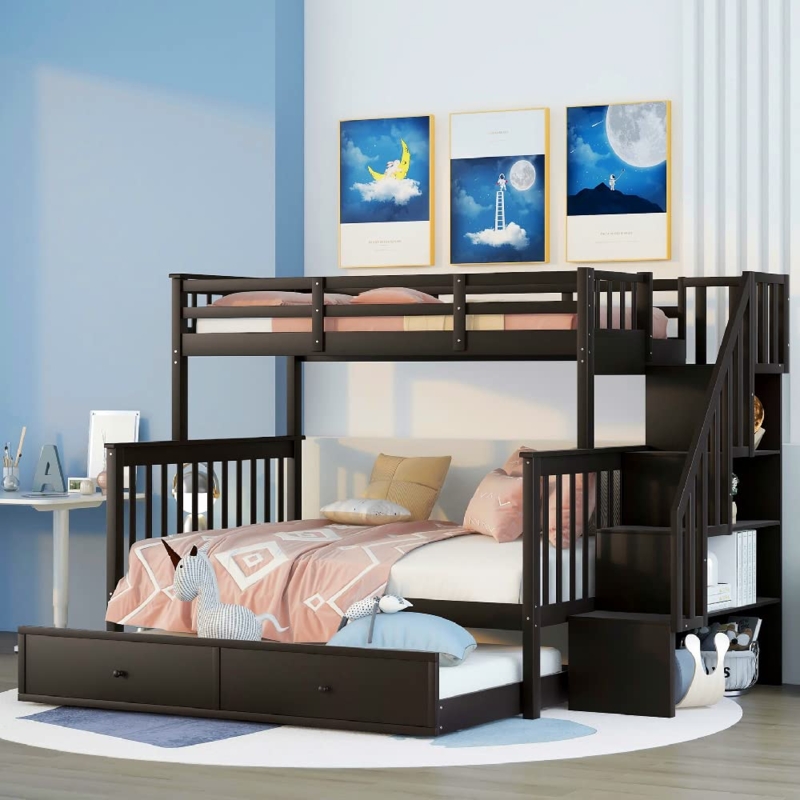 Espresso Wood Twin Over Full Bunk Bed with Stairs and Trundle