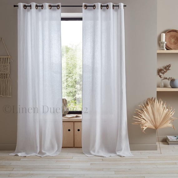 Extra Long White Linen Curtains with Stylish Puddle Hem Finish