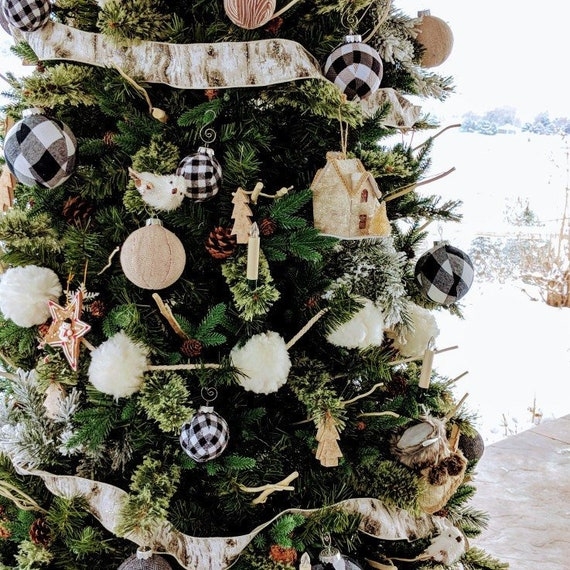 Fabric Christmas Ornaments: Star, Tree, and Heart Shapes in Buffalo Plaid.