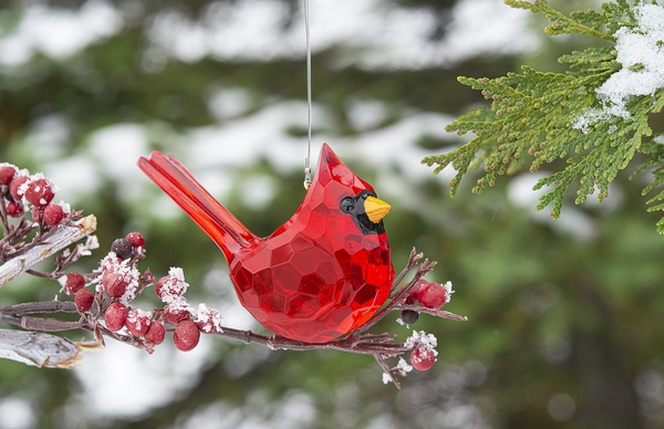 Faceted Crystal Bird Holiday Decor, Red Acrylic Cardinal Ornament