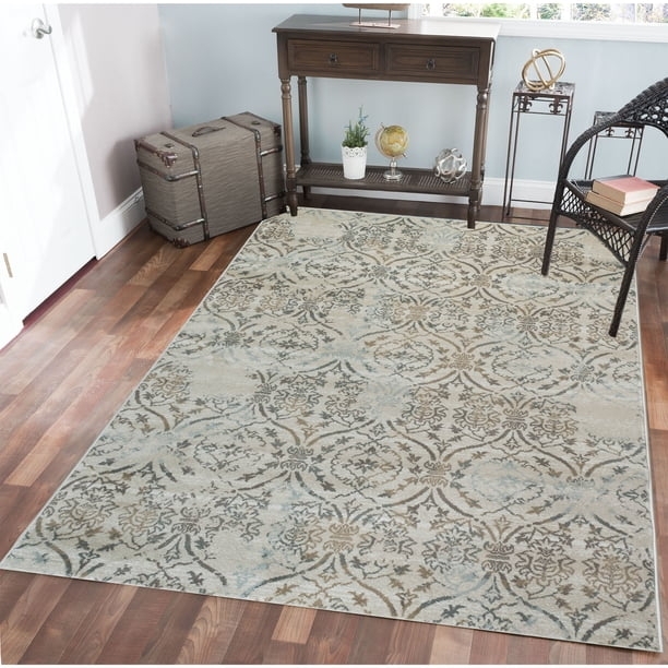 Faded Damask Round Area Rug, Beige & Light Blue