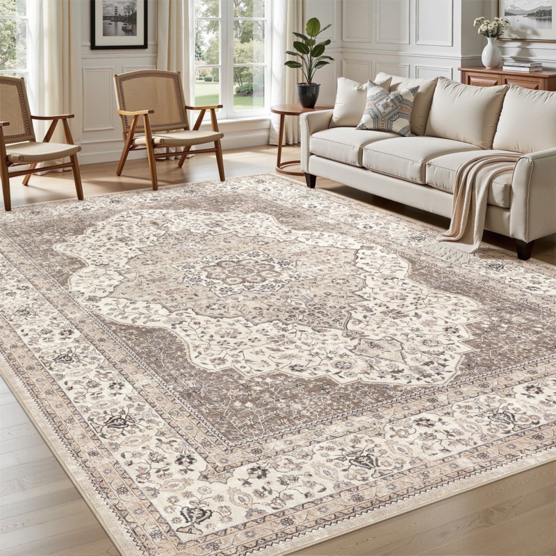 Faded Floral Area Rug Brown Earth Tones Medallion Washable