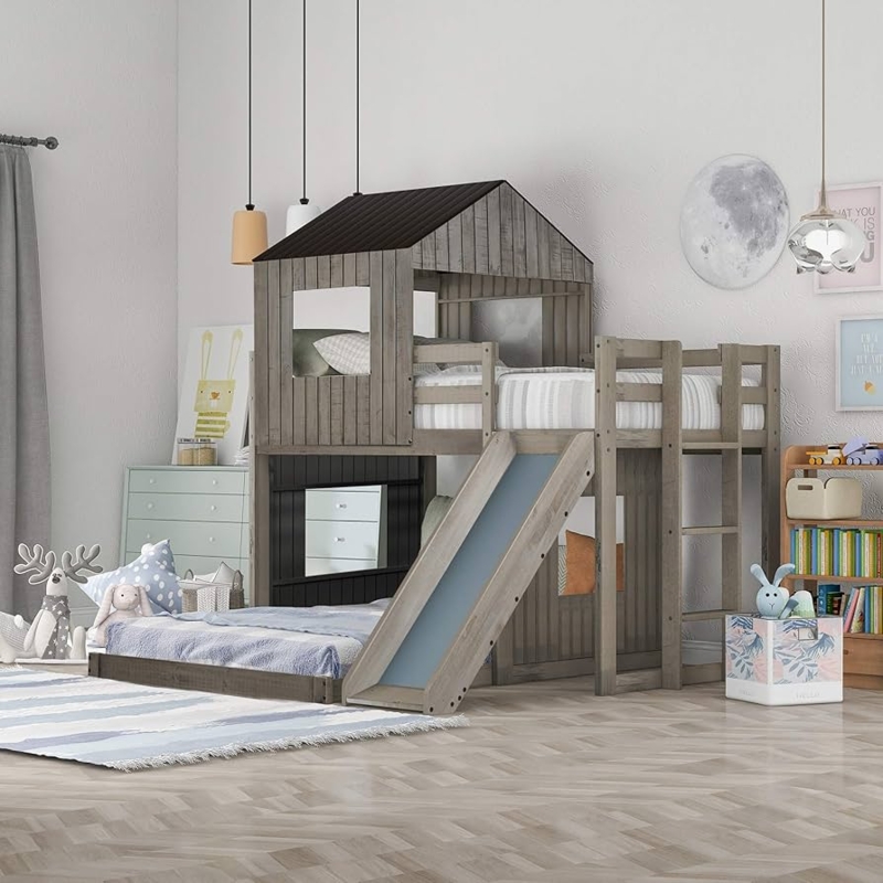 Farmhouse Bunk Bed with Attached Slide, Antique Gray House Frame