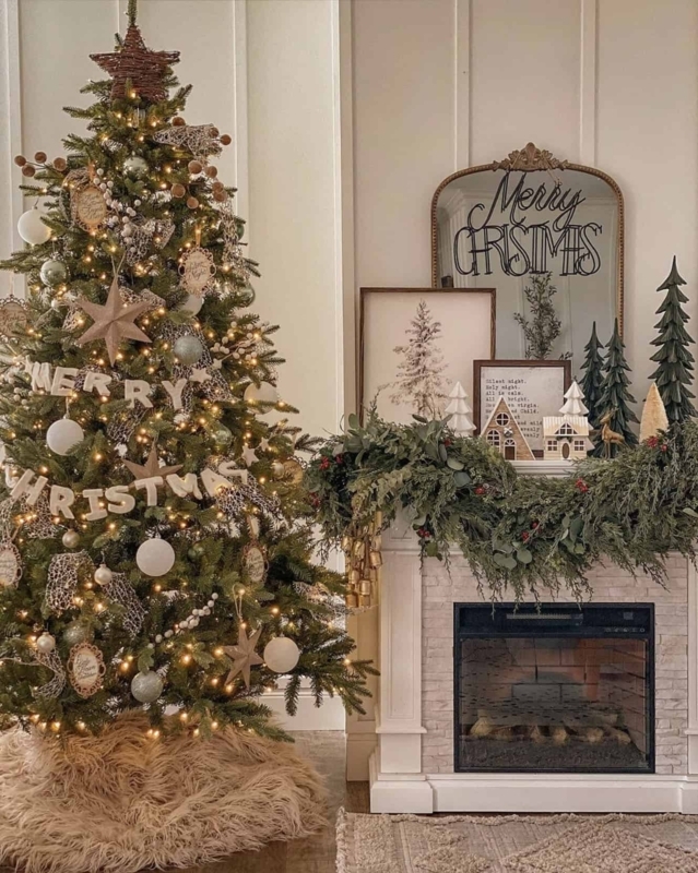 Farmhouse Christmas Kitchen Vignette: Holiday Mug Display on Open Shelves
