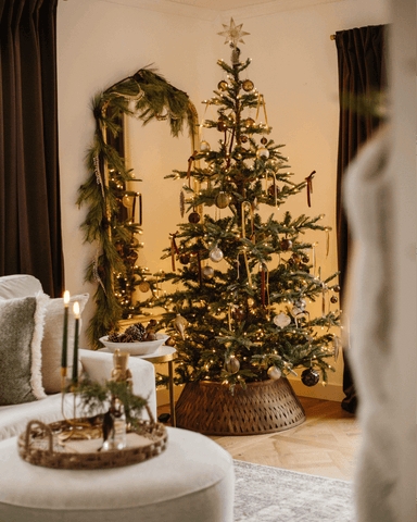 Farmhouse Christmas Tree with Wood Bead Garland & Buffalo Plaid Ribbon