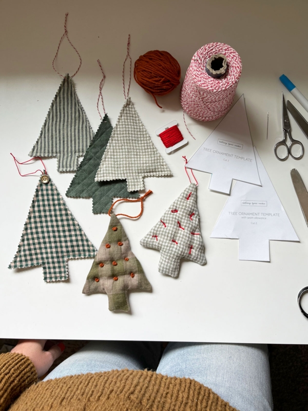 Farmhouse Fabric Tree Ornaments with Button Accents and Wood Trunks