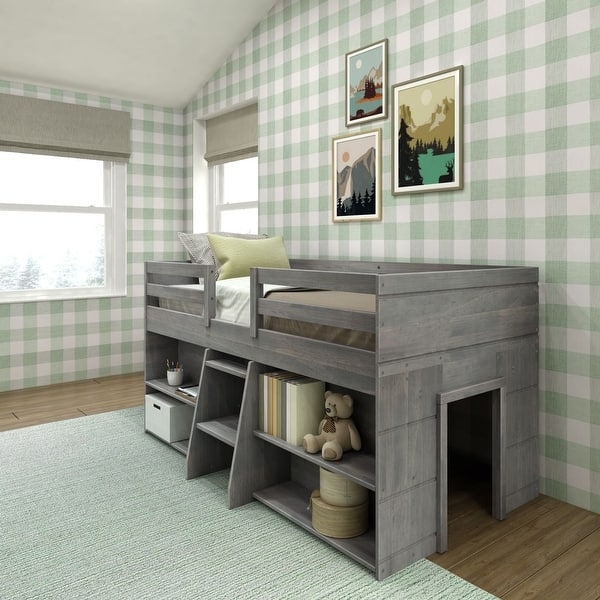 Farmhouse Low Loft Bed Pecan Finish with Under Bed Bookcases