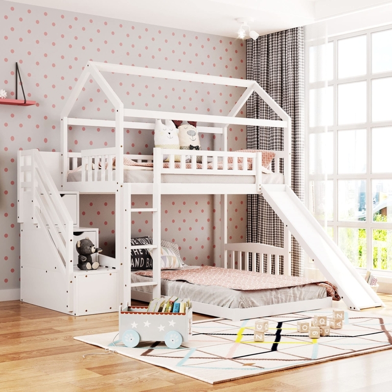 Farmhouse Style Twin Bunk Bed with Slide, Playhouse Roof & Storage Stairs