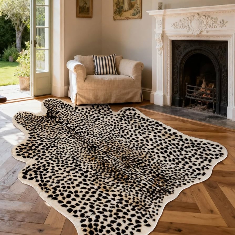 Faux Cowhide Area Rug, Leopard Print, Irregular Shape, Eclectic Modern