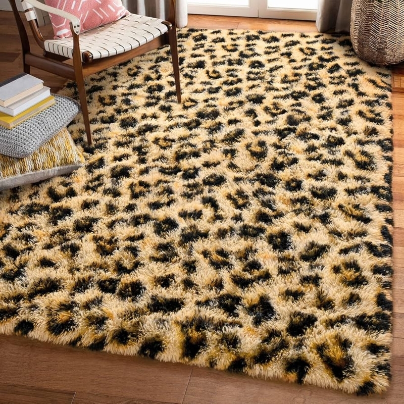 Faux Fur Area Rug, Shaggy Leopard Print, Plush Khaki, Modern Glam Style