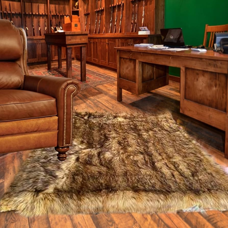 Faux Fur Rug Multi Tonal Coyote Pelt Shape Shaggy Rustic Lodge Fireplace