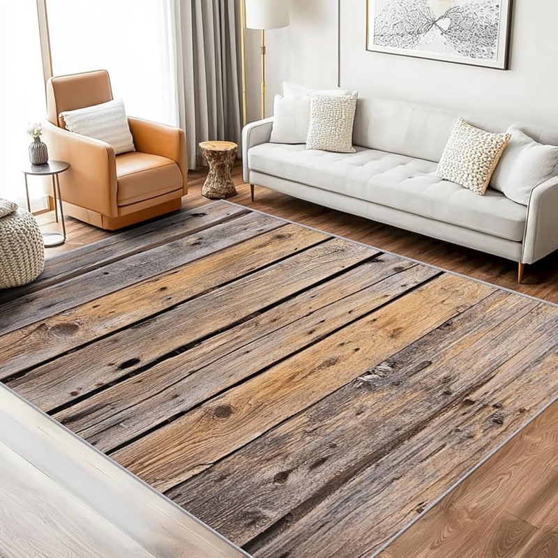 Faux Wood Plank Rug Styling with Wood Plank Print and Distressed Finish