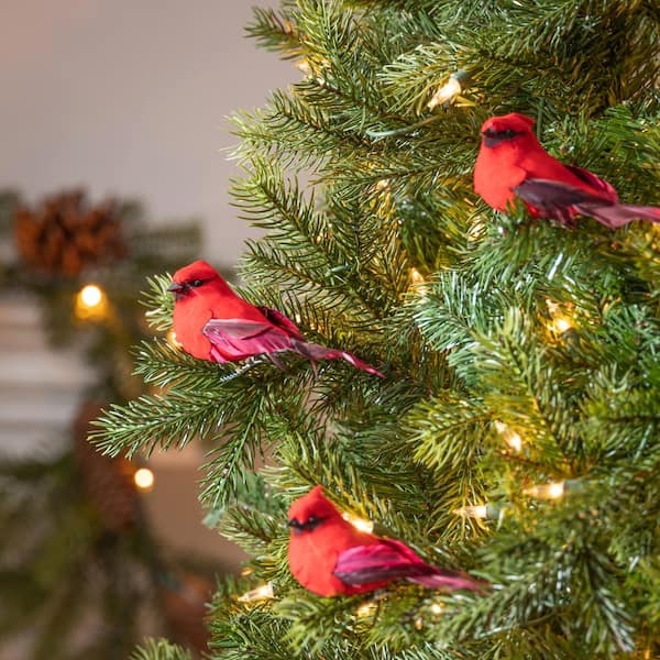 Feather Bird Holiday Accents, Clip-On Cardinal Set with Realistic Tails