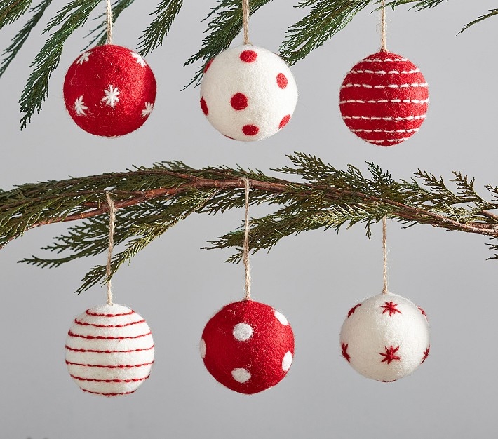 Felted Wool Ball Ornaments with Playful Red and White Polka Dot Pattern