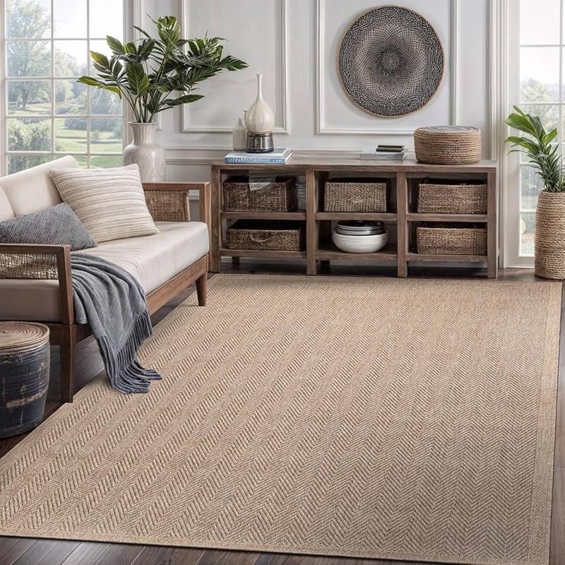 Flatweave Area Rug: Natural Herringbone Pattern for Indoor Outdoor Use