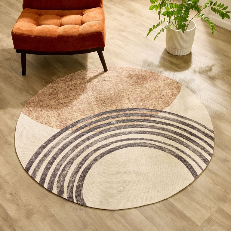 Flatweave Round Rug Concentric Pattern High Contrast Weave Black Brown