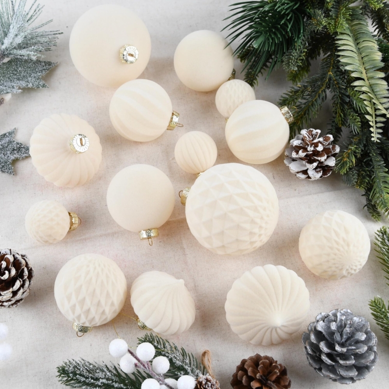 Flocked Ball Christmas Ornaments Matte Finish Set