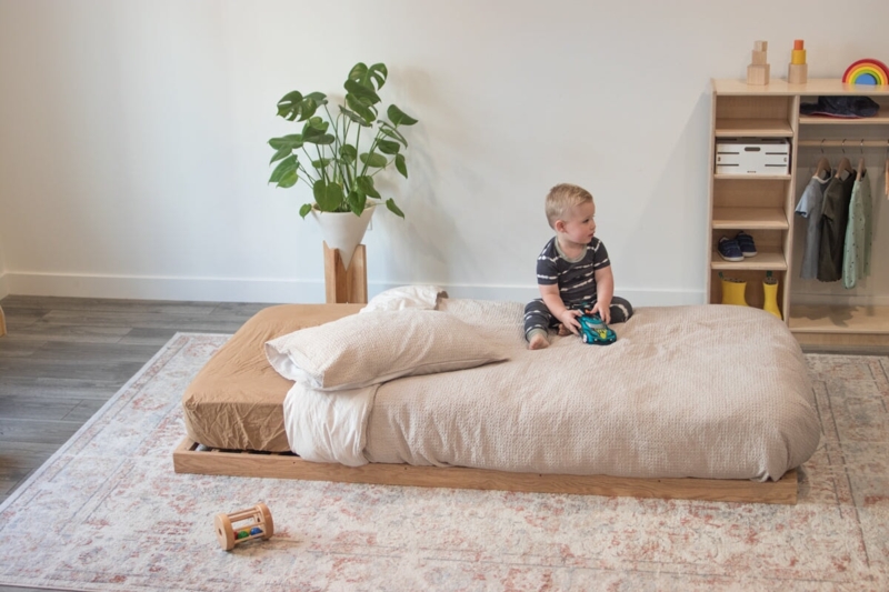 Floor Bed Blonde Wood Slatted Enclosure Side Opening Montessori