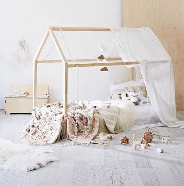 Floor Bed Light Wood House Frame Canopy Curtains Gabled Roof