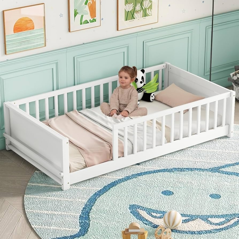 Floor Bed Natural Wood Integrated Footboard Book Rack Slat Base